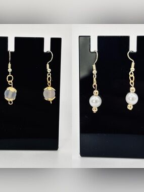 2 Pair Dainty Earring Bundle Frosted Periwinkle Blue Glass & Classic Pearl Drops